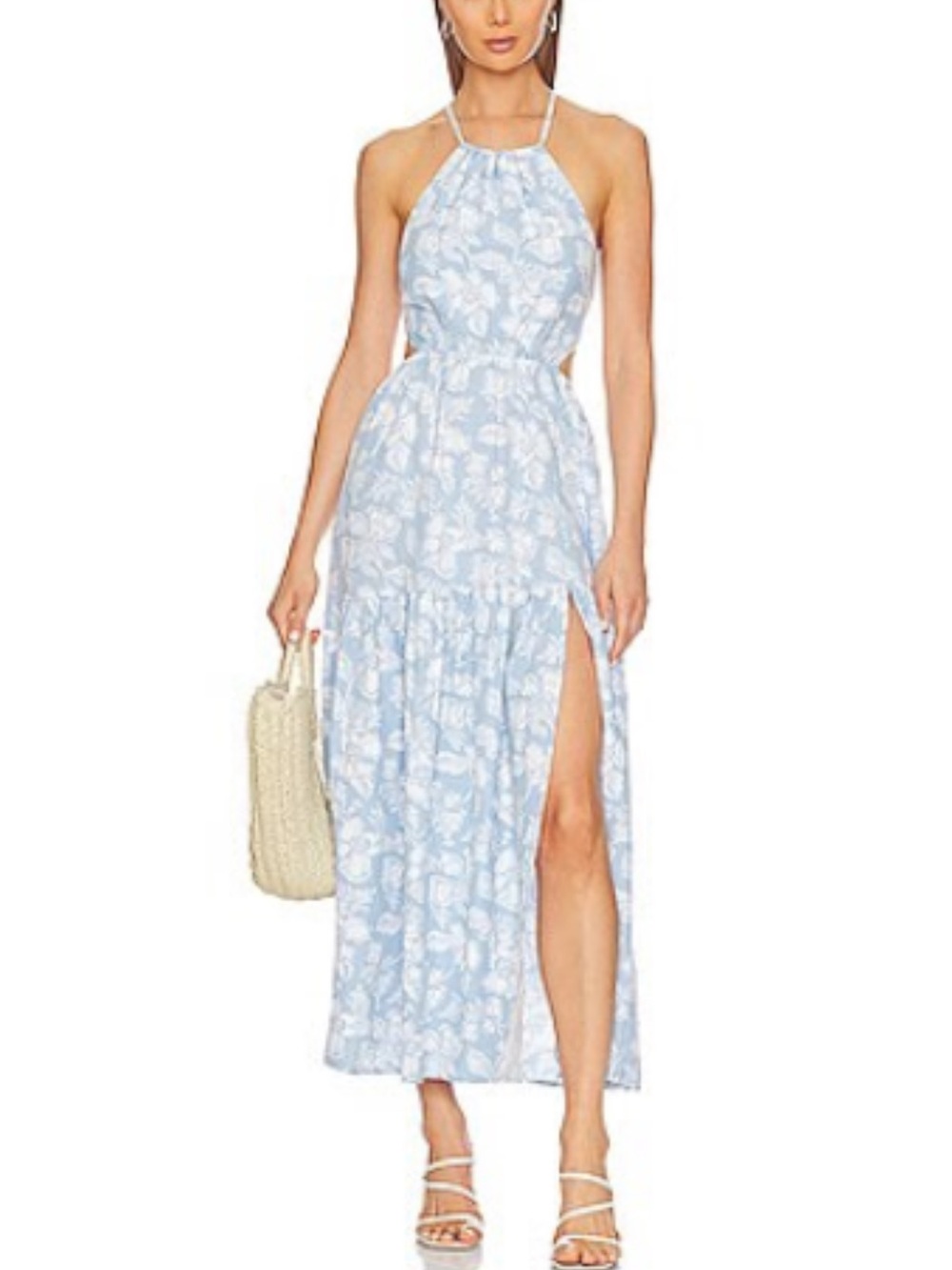 l*space Light Blue Floral Halter Midi Dress with Side Slit